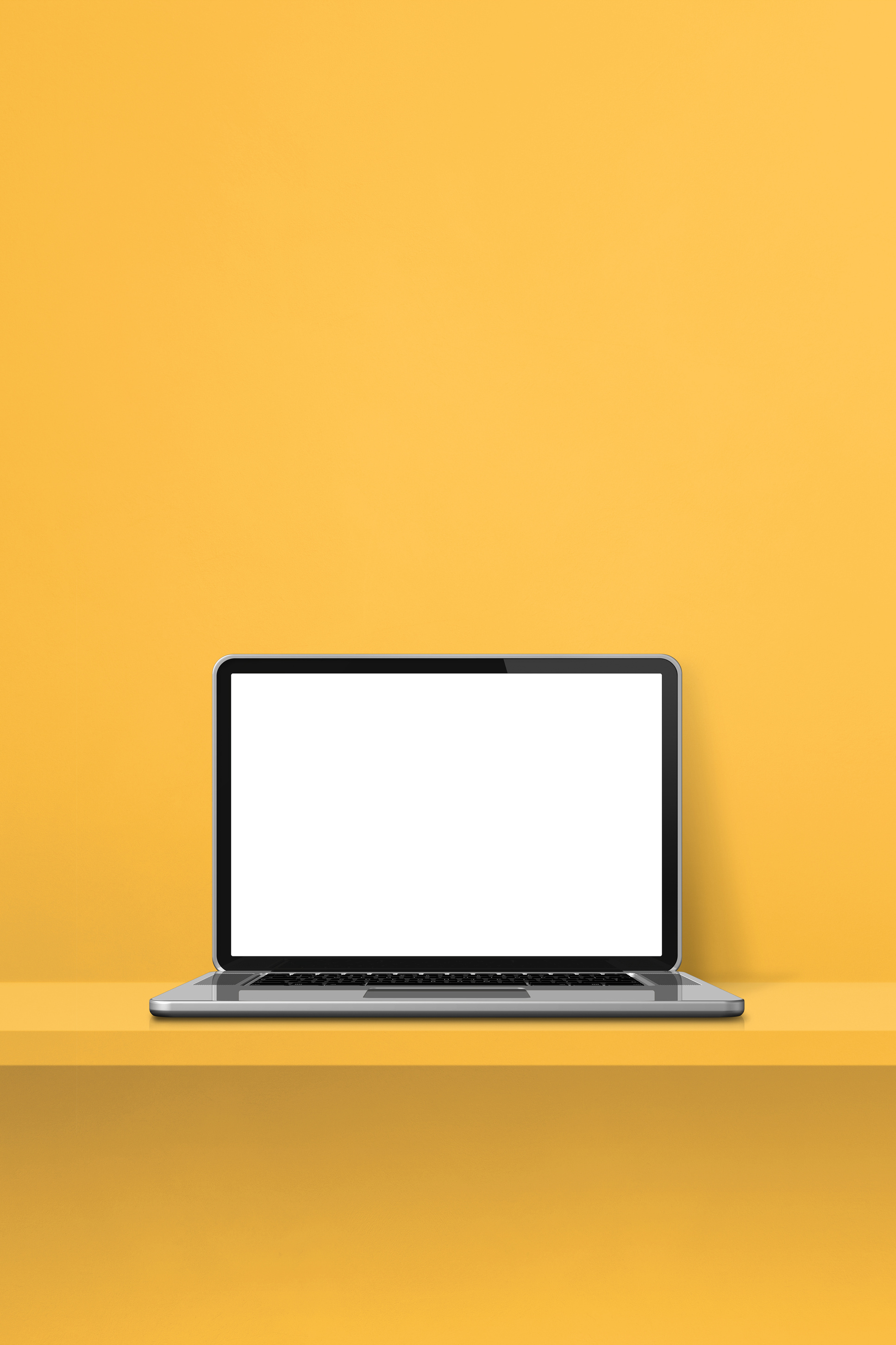 Laptop Computer on Yellow Shelf. Vertical Background